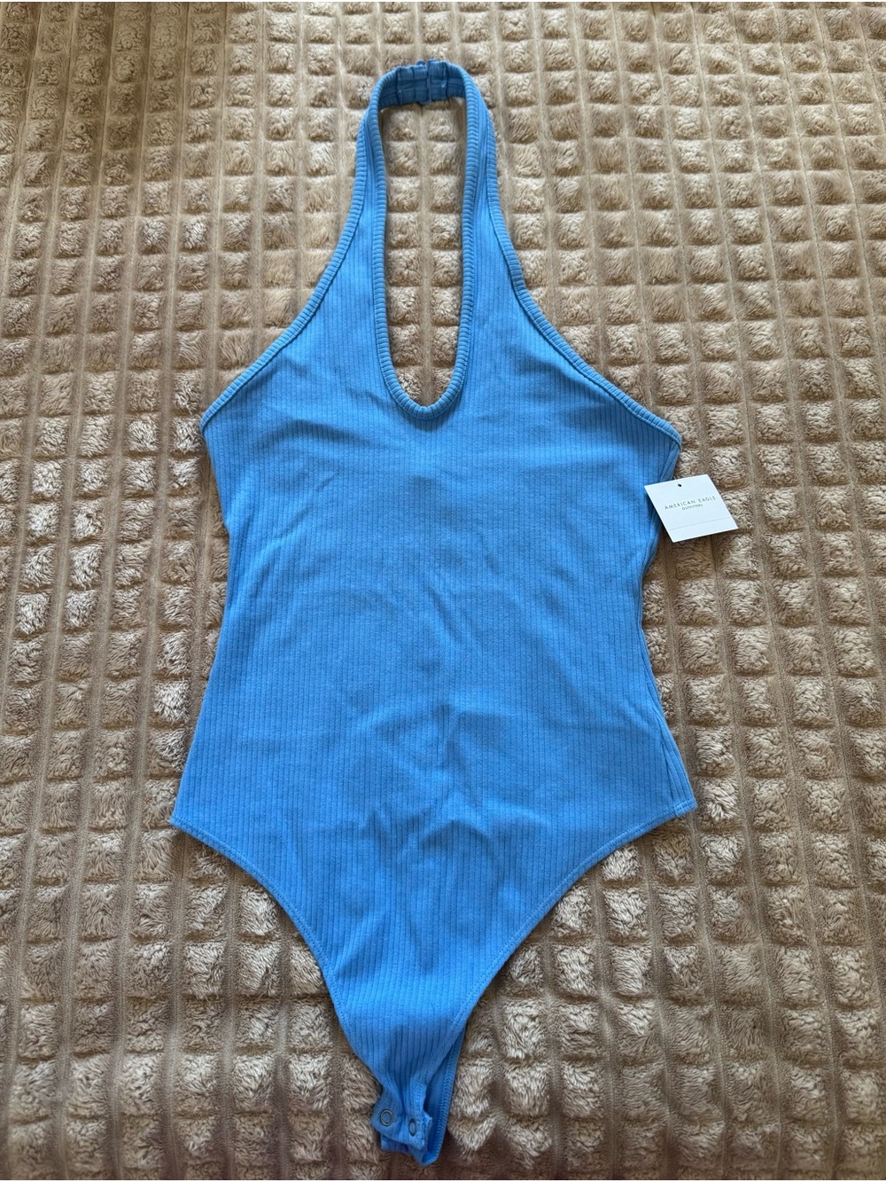 American Eagle Blue Ribbed Halter One-Piece Bodysuit